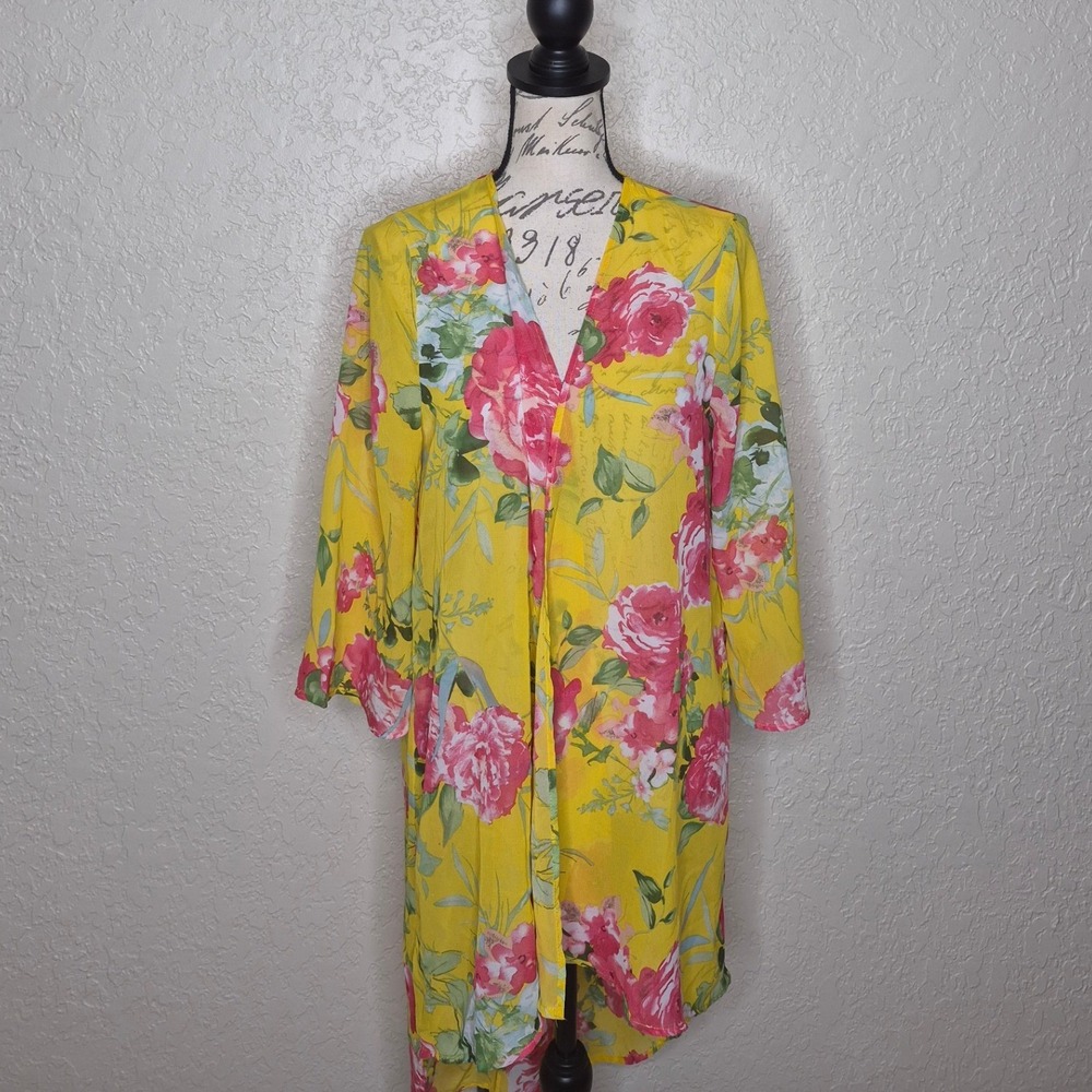 Windsor Yellow Floral Kimono Cardigan Pink Rose Print High Low Hem Large